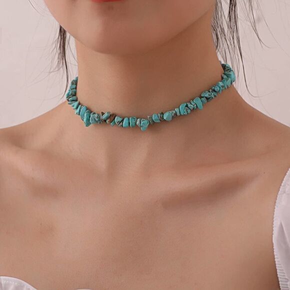 Retro Geometric Turquoise Collar Necklace Blue Stone Choker - Picture 1 of 8